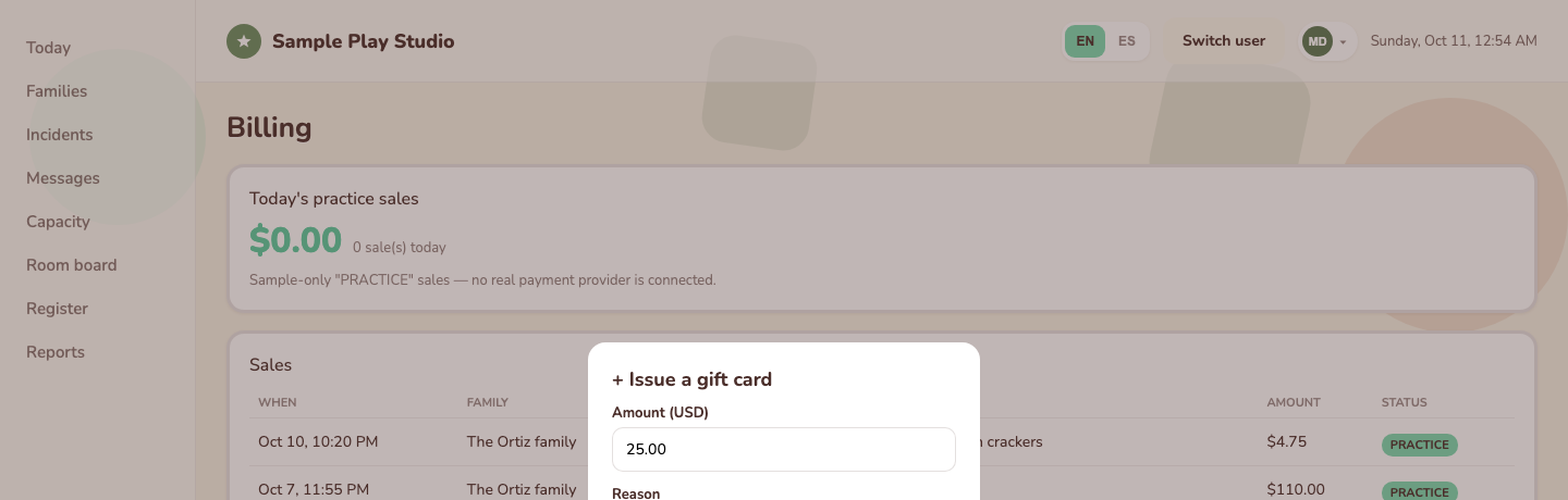 Billing dashboard showing an automatic sales record with date, family, amount, and status columns